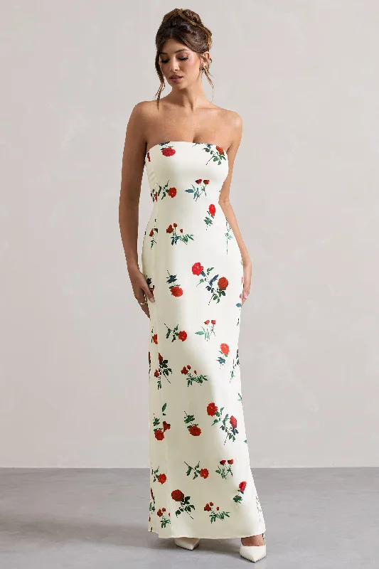 Azra | Rose Print Satin Bandeau Maxi Dress Comfortable Pleated Maxi Dress