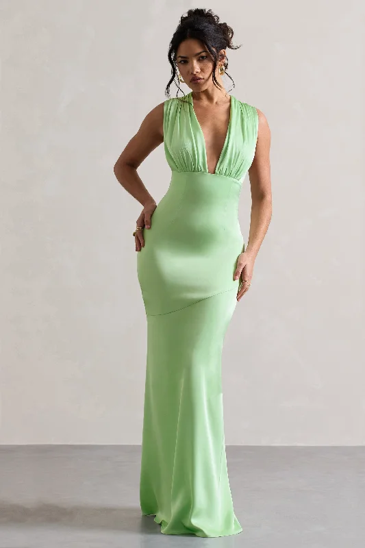 Azzara | Light Green Satin Ruched V-Neck Maxi Dress Elegant Maxi Dress with Ruffles