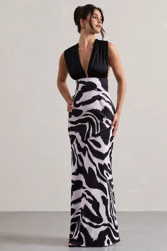 Azzara | Zebra Print Satin Ruched V-Neck Maxi Dress Chic Summer Floral Maxi Dress