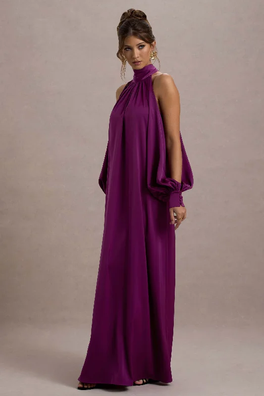 Baila | Mulberry Satin High-Neck Cape-Sleeve Maxi Dress Trendy Floral Print Maxi Dress