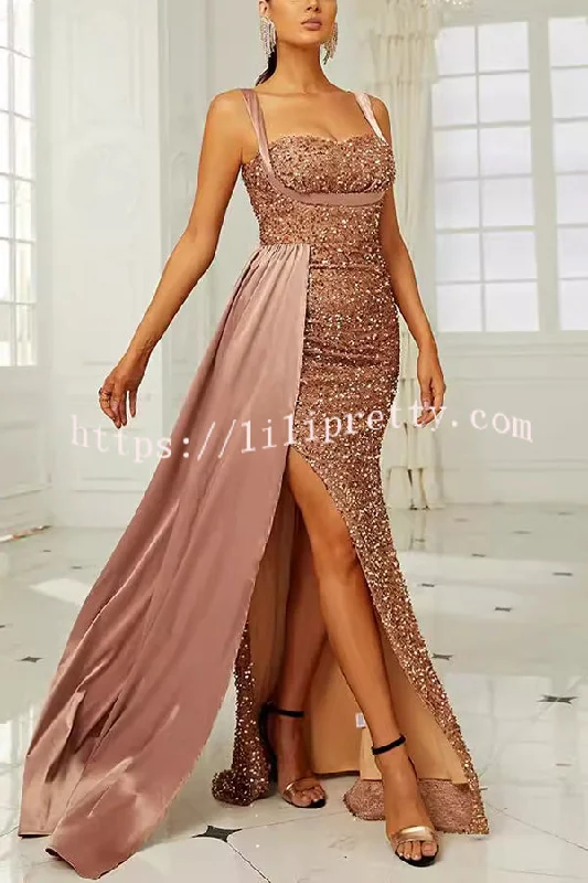 Banquet Sequined Backless Strappy Fishtail Maxi Dress Classic Solid Maxi Dress