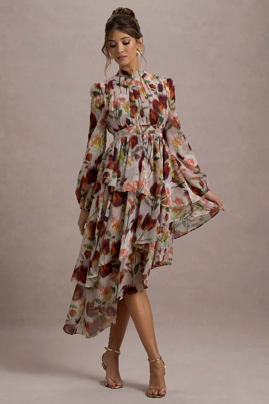 Begonia | Cream Floral Print High-Neck Tiered Chiffon Maxi Dress Stylish Maxi Dress with Frills