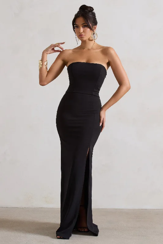 Belle of The Ball | Black Bandeau Maxi Dress With Split Hem Comfortable Ruffle Maxi Dress