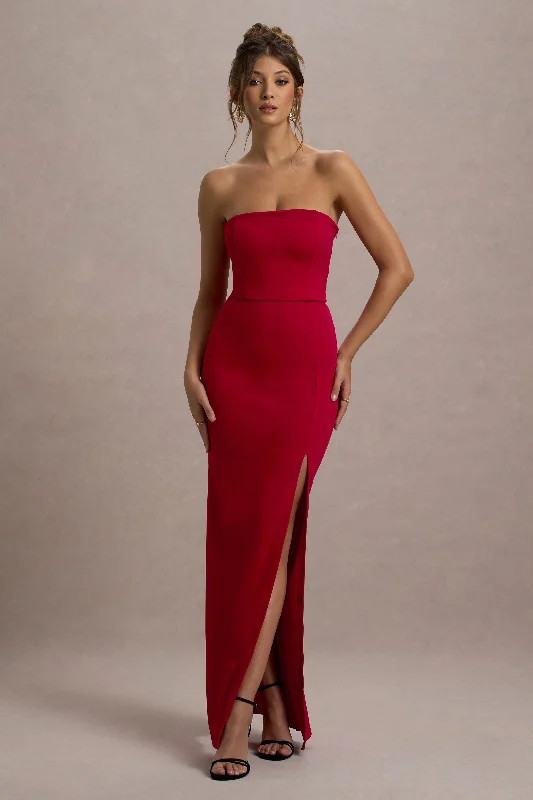 Belle of The Ball | Red Bandeau Maxi Dress With Split Hem Trendy A-Line Maxi Dress