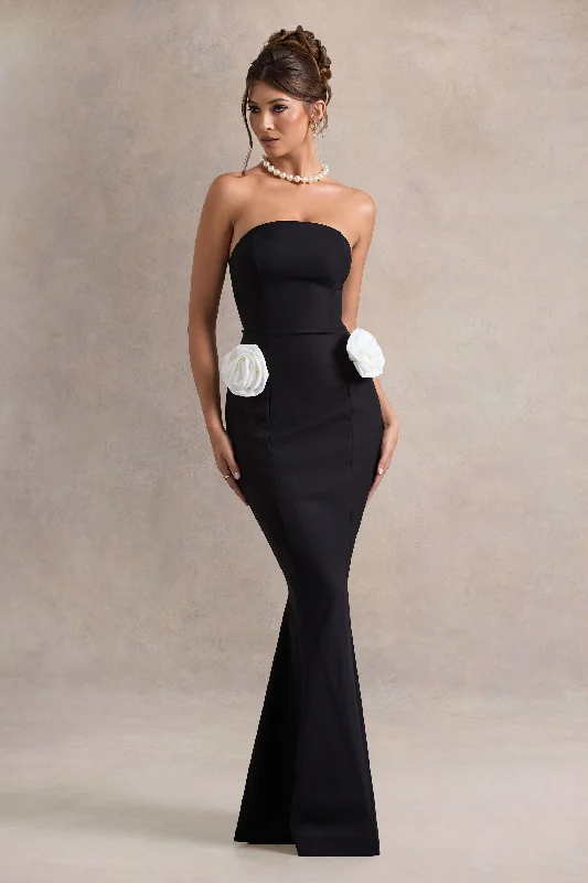 Best Of The Best | Black Strapless Fishtail Maxi Dress With Corsages Comfortable Cotton Maxi Dress Best Of The Best | Black Strapless Fishtail Maxi Dress With Corsages Comfortable Cotton Maxi Dress