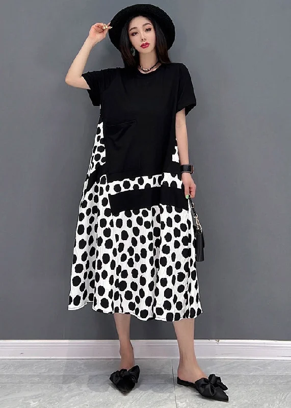 Black O-Neck Dot Maxi Dresses Short Sleeve Stylish A-Line Maxi Dress