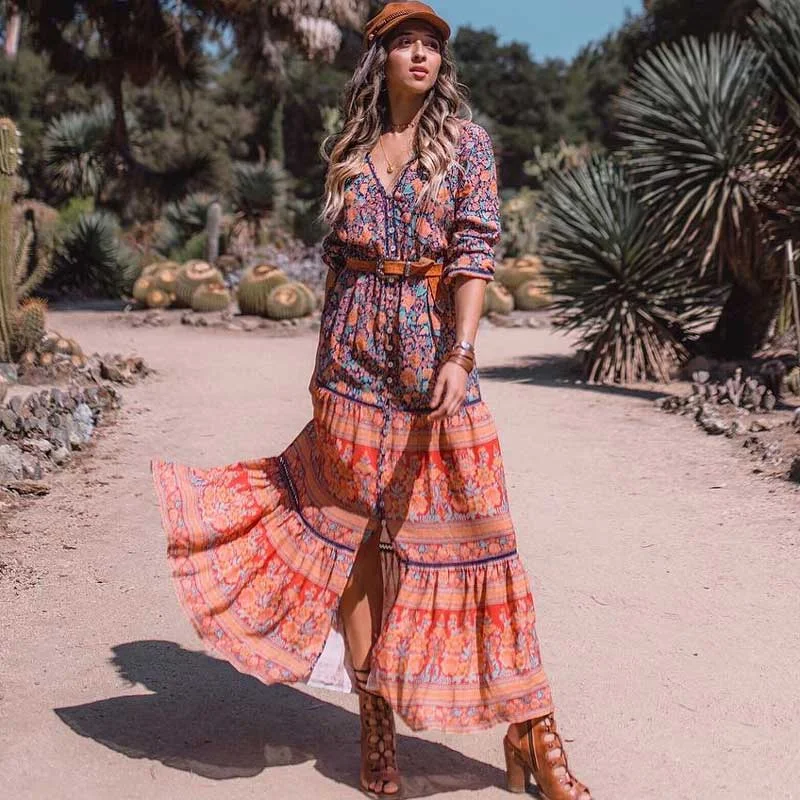 Zjkrl - Boho Inspired Long Boho Dress Floral Print spliced maxi dress women Casual chic Spring summer dress long sleeve dress new Trendy Maxi Dress with Straps