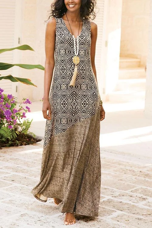 Zjkrl - Boho Print Sleevelss Maxi Dress Trendy Maxi Dress with Belt
