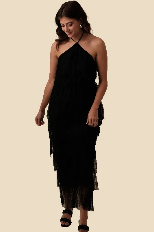 Bria Pleated Tulle Halter Maxi Dress (Black) Comfortable Cotton Maxi Dress