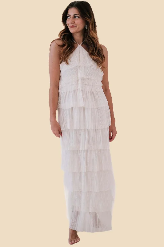 Bria Pleated Tulle Halter Maxi Dress (Cream) Fashionable Button-Down Maxi Dress