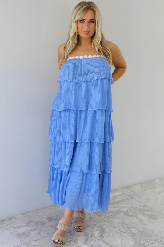 Called The Rain Maxi Dress: Blue Cozy Cold-Shoulder Maxi Dress