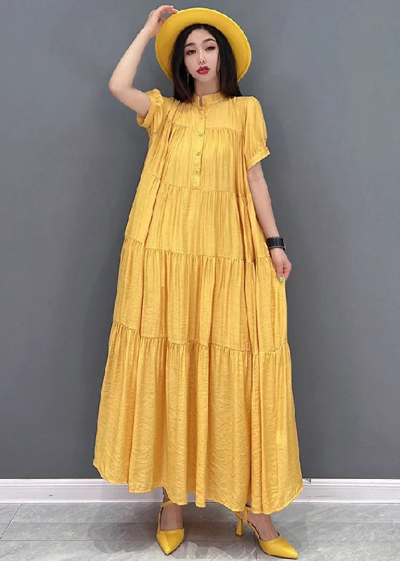 Casual Yellow Stand Collar Patchwork Button Maxi Dresses Short Sleeve Comfortable Bohemian Maxi Dress
