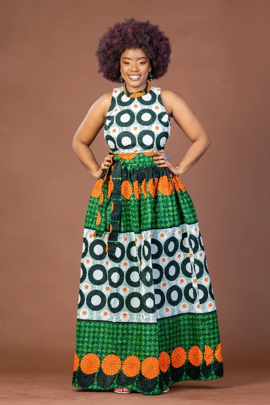 Cecilia Ankara Maxi Dress | Green and White African Print Elegant Silk Maxi Dress