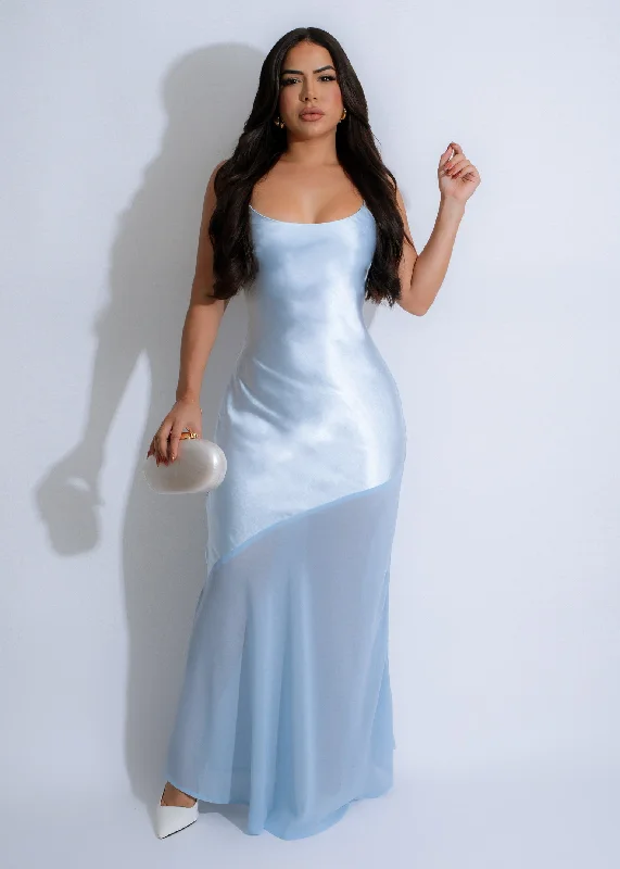 Celestial Veil Satin Maxi Dress Blue Fashionable Sheer Maxi Dress
