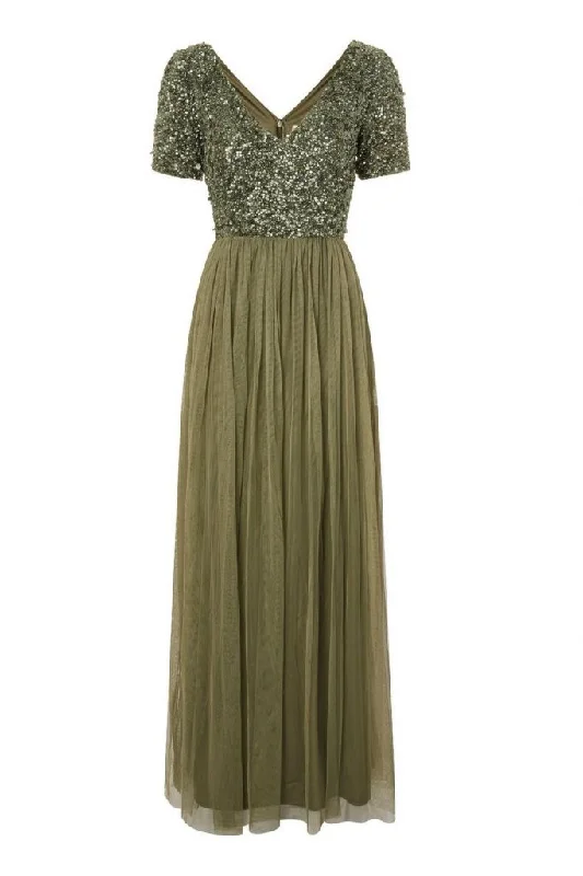 Chandelier Embellished Maxi Dress in Dark Olive Chic Off-Shoulder Maxi Dress