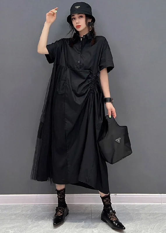 Chic Black Peter Pan Collar Cinched Button Tulle Patchwork Maxi Dresses Short Sleeve Trendy Off-Shoulder Ruffle Maxi Dress
