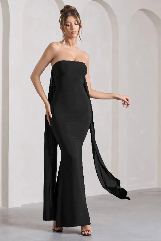 Christina | Black Bandeau Sleeveless Maxi Dress With Cape Trendy Short Sleeve Maxi Dress