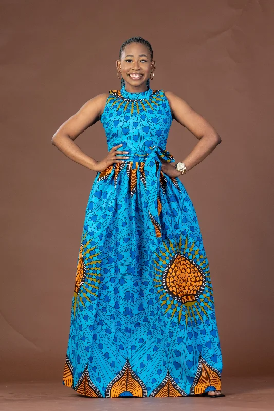Clara Ankara Maxi Dress | Blue African Print Trendy V-Neck Maxi Dress