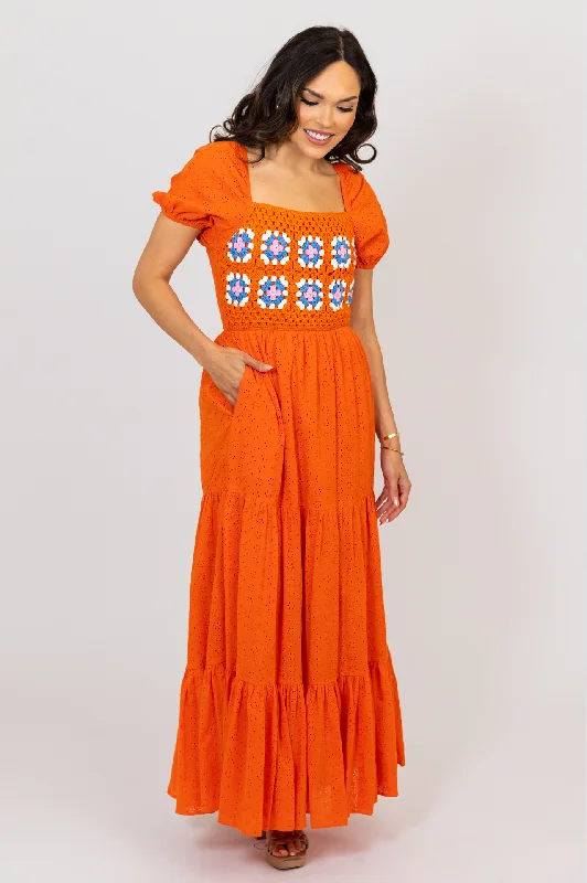 Crochet Trim Puff Sleeve Maxi Dress Cozy Cold-Shoulder Maxi Dress
