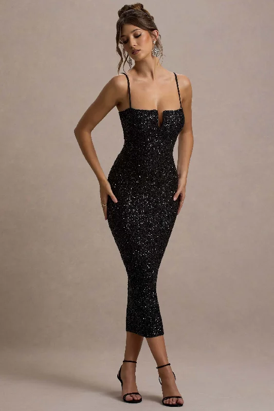 Dazzle Me | Black Sequin Strappy Bodycon Maxi Dress Comfortable Bohemian Maxi Dress