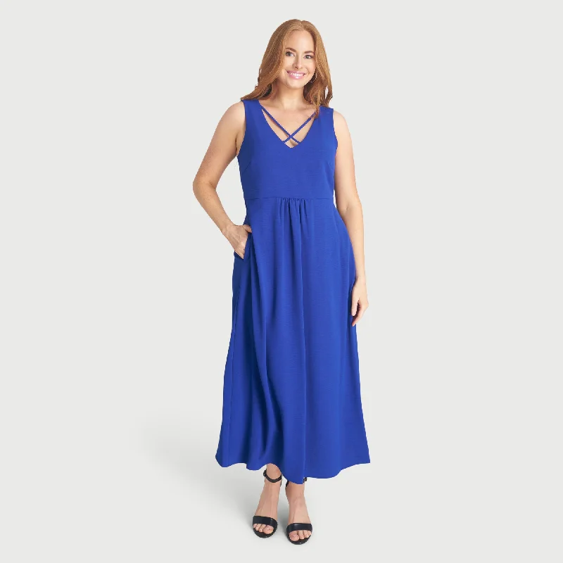 Devinah Sapphire X-Neck Maxi Dress Comfortable Maxi Dress with Sleeves
