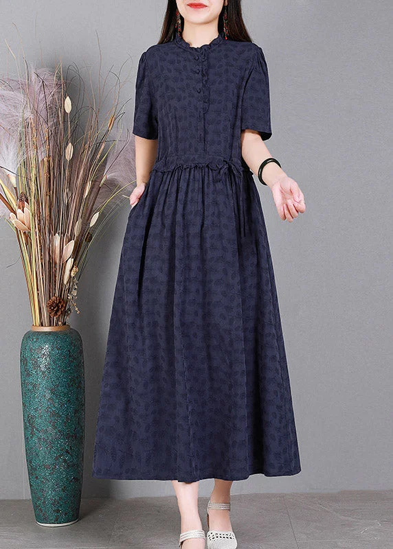 Diy Navy Blue Print Ruffled Button Linen Maxi Dresses Short Sleeve Elegant Silk Maxi Dress Diy Navy Blue Print Ruffled Button Linen Maxi Dresses Short Sleeve Elegant Silk Maxi Dress