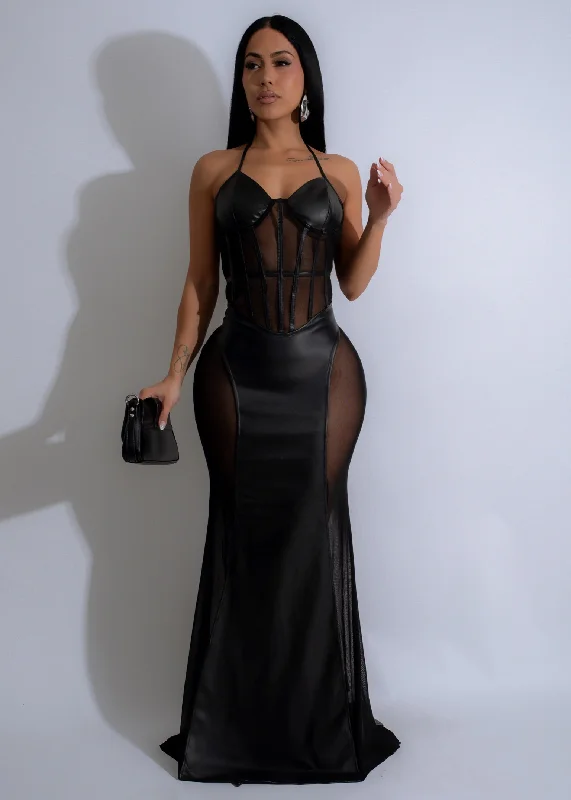Eclipse Muse Mesh Faux Leather Maxi Dress Black Classic Strapless Maxi Dress