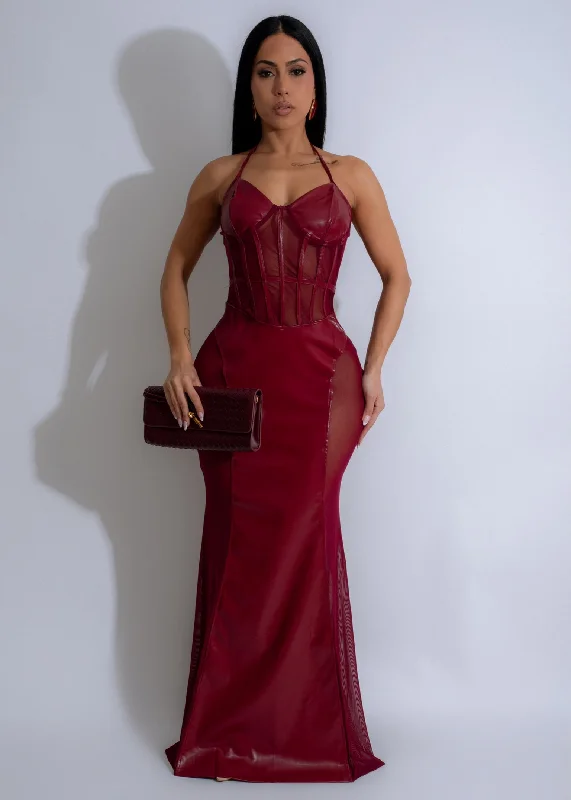 Eclipse Muse Mesh Faux Leather Maxi Dress Red Chic Button-Up Maxi Dress