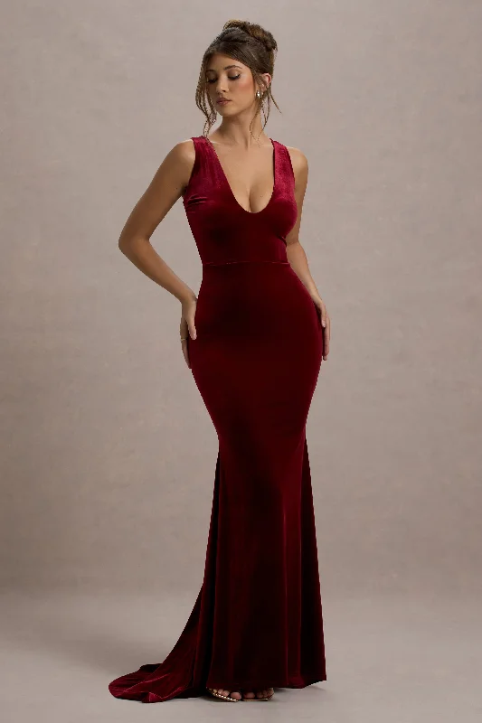 Elisabetta | Berry Velvet Plunge-Neck Fishtail Maxi Dress Elegant Maxi Dress with Drapes