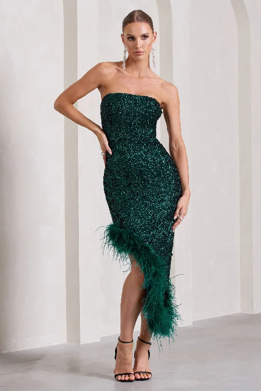 Emulate | Bottle Green Sequin Asymmetric Bandeau Maxi Dress With Feathers Elegant Maxi Dress with Drapes