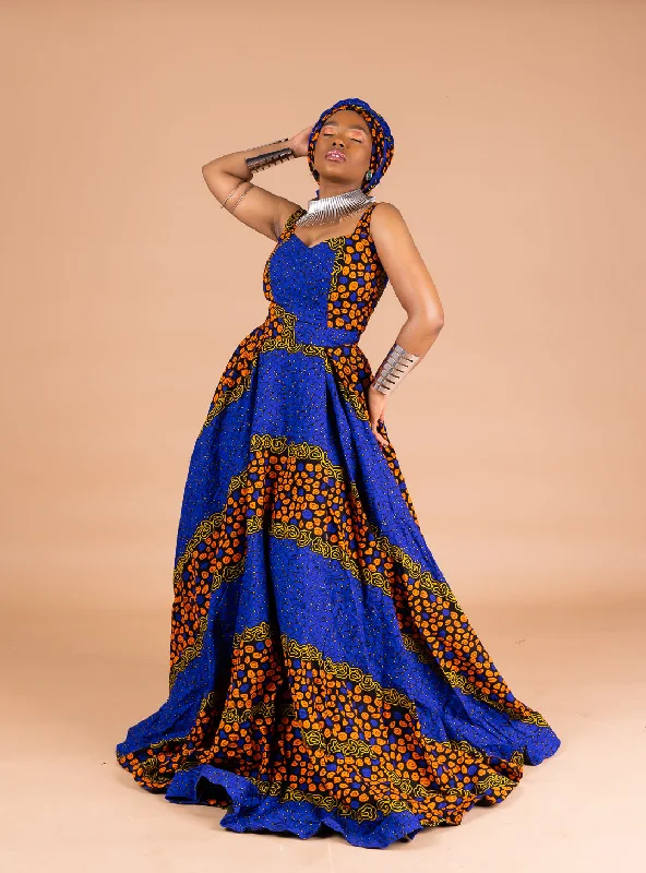 Esohe Ankara Maxi Dress | Blue and Orange African Print Elegant Maxi Dress with Lace Esohe Ankara Maxi Dress | Blue and Orange African Print Elegant Maxi Dress with Lace
