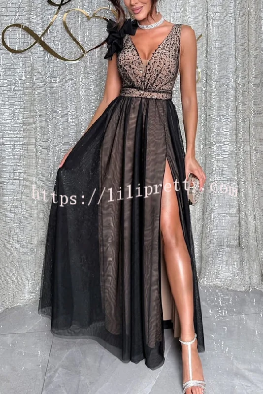 Everlasting Party Sequin Tulle Ruffles Shoulder Design Slit Maxi Dress Chic Summer Maxi Dress
