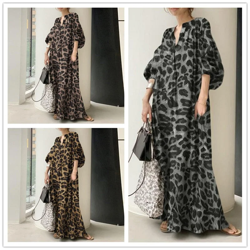 Zjkrl - Fashion Printed Maxi Dress Women's Leopard Sundress 2022 Spring Puff Sleeve Long Vestidos Female V Neck Robe Oversize Chic Summer Maxi Dress