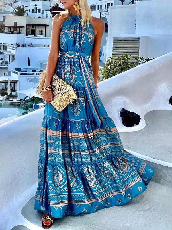 Zjkrl Fashion Summer Maxi Dress Women's Printed Sundress Slim Floral Halter Straps Casual Short Sleeve Female High Waist Robe Elegant Maxi Dress with Belt