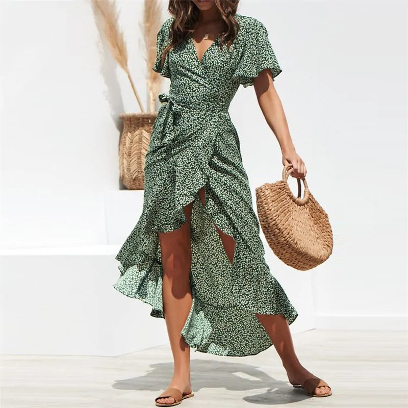 Floral Print Boho Maxi Dress: HiloRill Summer Beach Women's Casual V-Neck Split Elegant Maxi Dress with Ruffles Floral Print Boho Maxi Dress: HiloRill Summer Beach Women's Casual V-Neck Split Elegant Maxi Dress with Ruffles