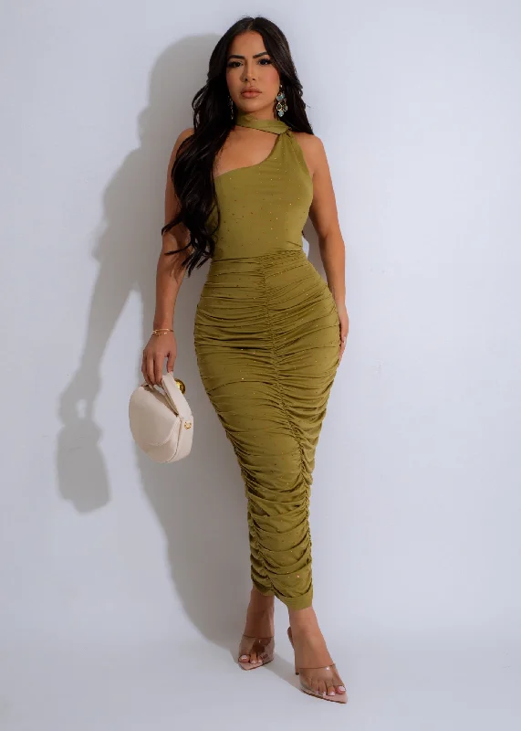 Galaxy Glimmer Rhinestones Ruched Maxi Dress Green Elegant Maxi Dress with Drapes