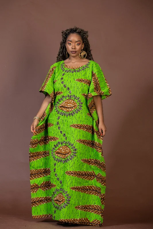 Geni Ankara Maxi Dress | Green and Brown African Print Trendy Button Front Maxi Dress