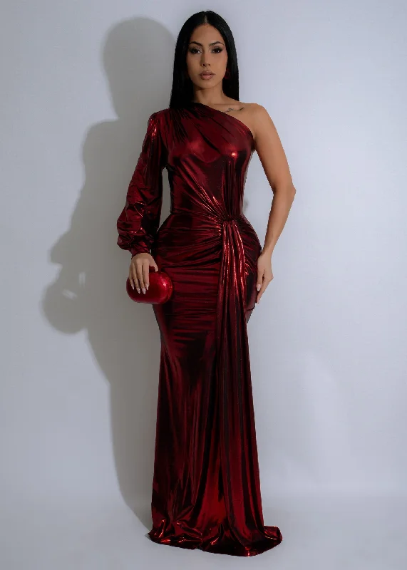 Gilded Glow Metallic Ruched Maxi Dress Red Comfortable Maxi Dress with Belt