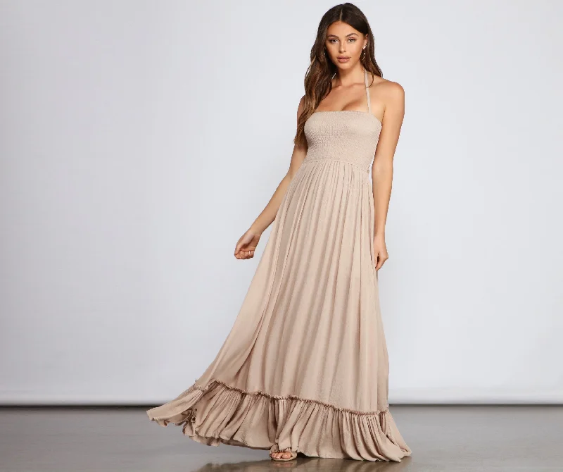Go With The Charming Flow Smocked Maxi Dress Cozy Cold-Shoulder Maxi Dress