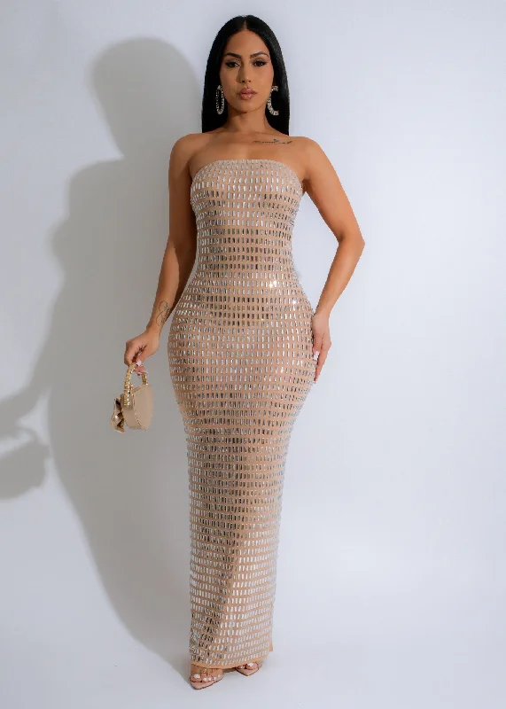 Golden Mirage Mesh Rhinestone Maxi Dress Nude Classic V-Neck Maxi Dress