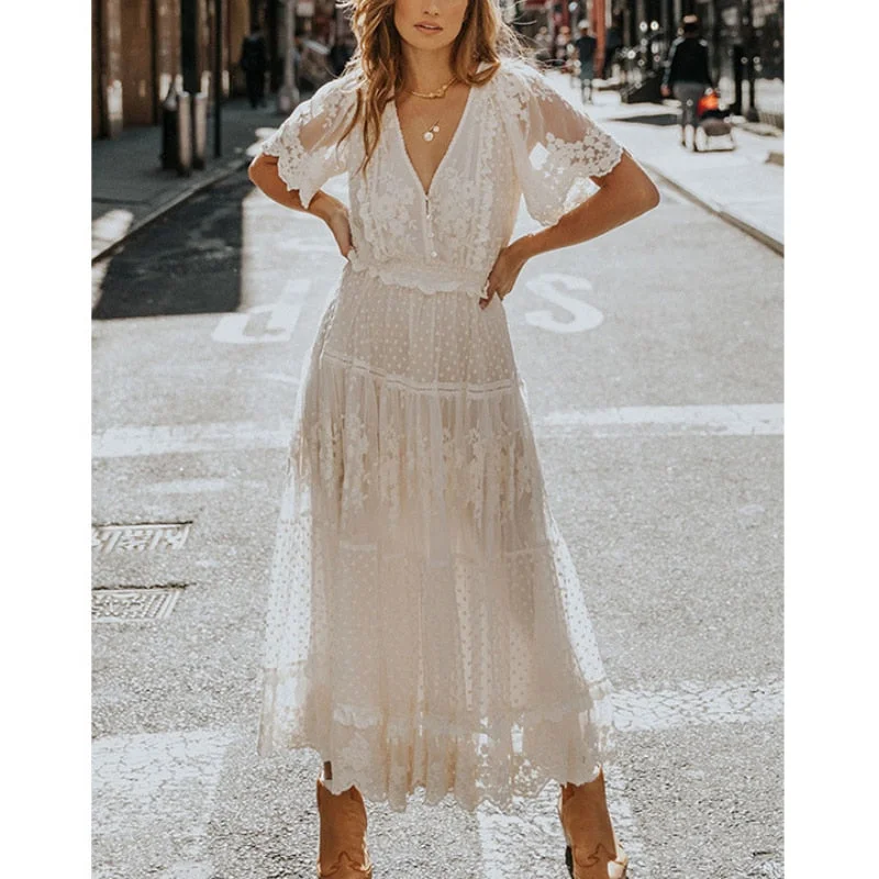 Zjkrl - Happie Queens Women Solid Short Sleeve Beach Sexy Lace Bohemian Maxi Dress Ladies V-neck Boho Sundress Vestidos Classic Black Maxi Dress