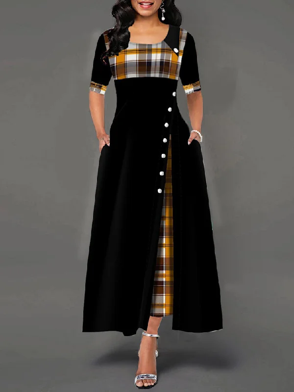 Casual Plaid Patchwork Short Sleeve Splited Swing Hem Maxi Dress Cozy Maxi Dress with Slit