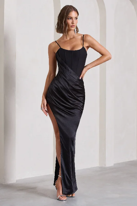 In Attendance | Black Satin Draped Corset Split Maxi Dress Elegant Sleeveless Maxi Dress