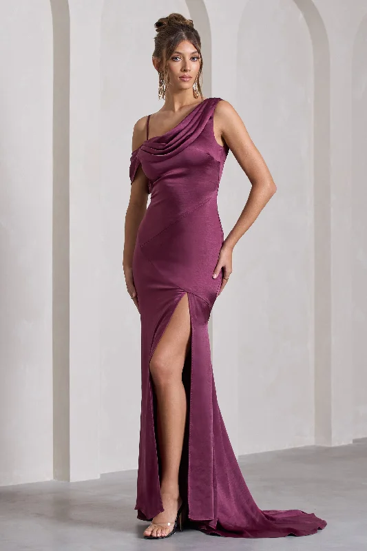 Jayne | Plum Satin Asymmetric Draped Split Maxi Dress Cozy Wrap Maxi Dress