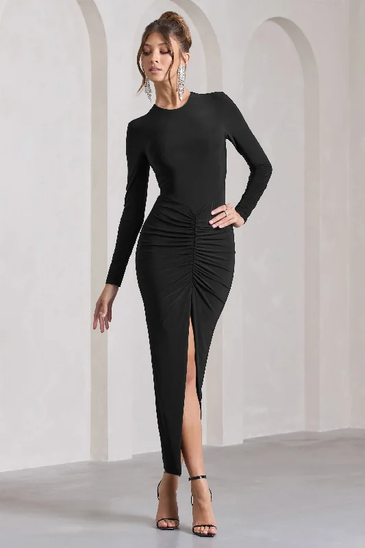 Katy | Black Ruched Long-Sleeve Split Maxi Dress Comfortable Long-Sleeve Maxi Dress