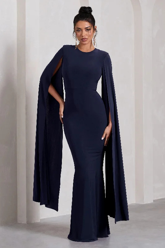 Kimmy | Navy High Neck Maxi Dress With Cape Sleeves Fashionable Halter Neck Maxi Dress