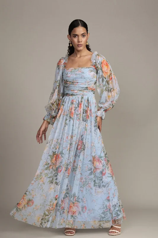 Lana Maxi Dress Blue Floral Print Cozy Open-Back Maxi Dress