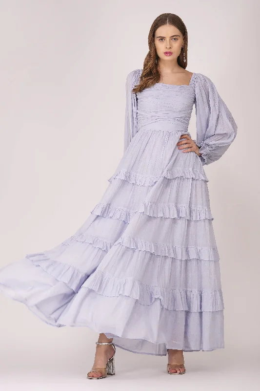 Lane Cotton Maxi Dress in Blue Stylish Pleated A-Line Maxi Dress