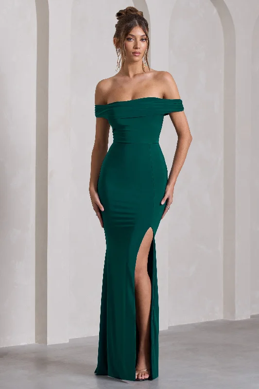 Law of Attraction | Bottle Green Bardot Draped Split Maxi Dress Trendy Ruffled Maxi Dress Law of Attraction | Bottle Green Bardot Draped Split Maxi Dress Trendy Ruffled Maxi Dress