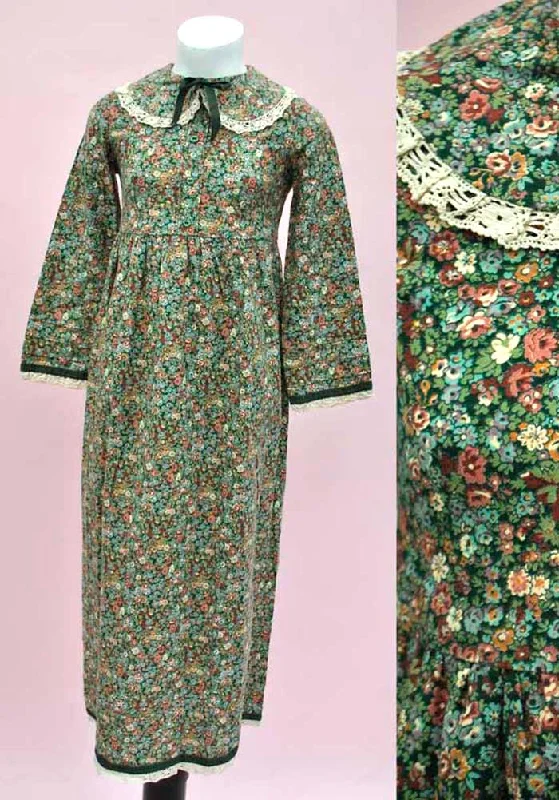Vintage 70s Girl's Liberty Print Green Floral Maxi Dress • 70s Maxi • Anthea Proud • Cotton Elegant Maxi Dress with Lace